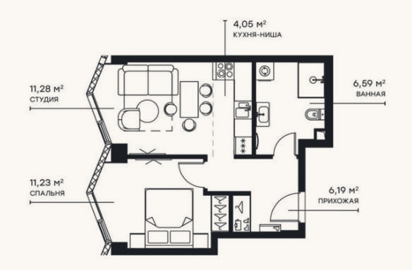 Планировка: 2-к, 39,3 м²