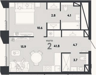 Планировка: 2-к, 41,8 м²