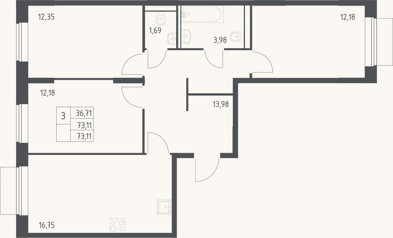 Планировка: 3-к, 73,1 м²