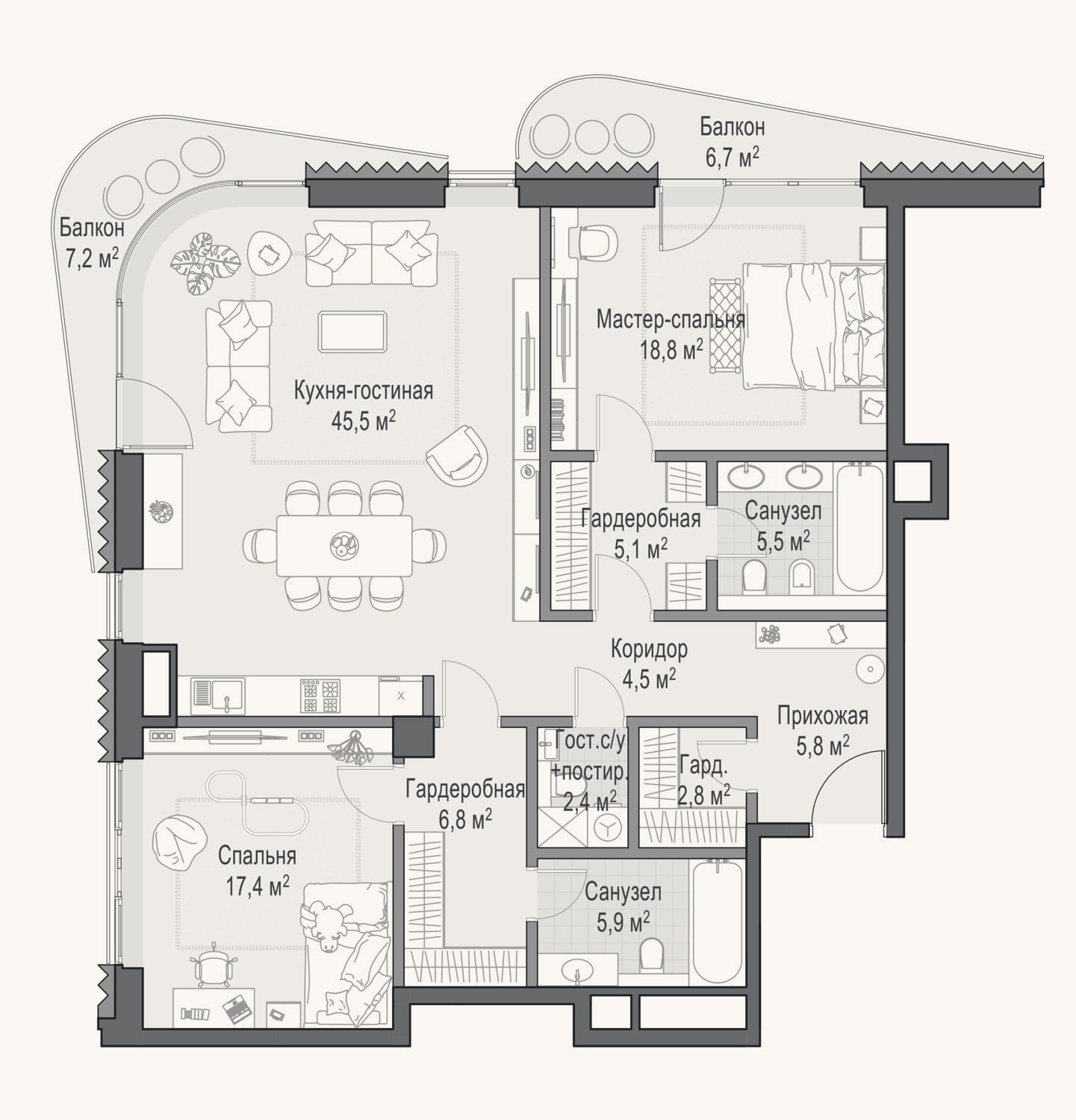 Планировка: 3-к, 120,8 м²