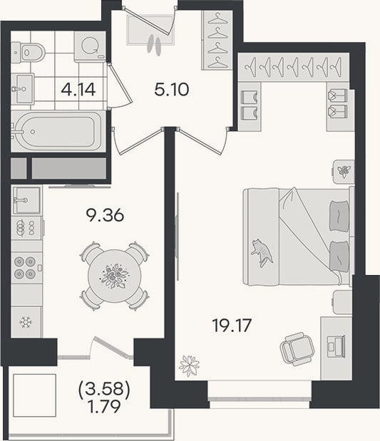 Планировка: 1-к, 37,8 м²