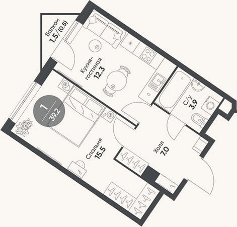Планировка: 1-к, 38,7 м²