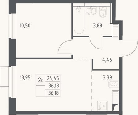 Планировка: 2-к, 36,2 м²