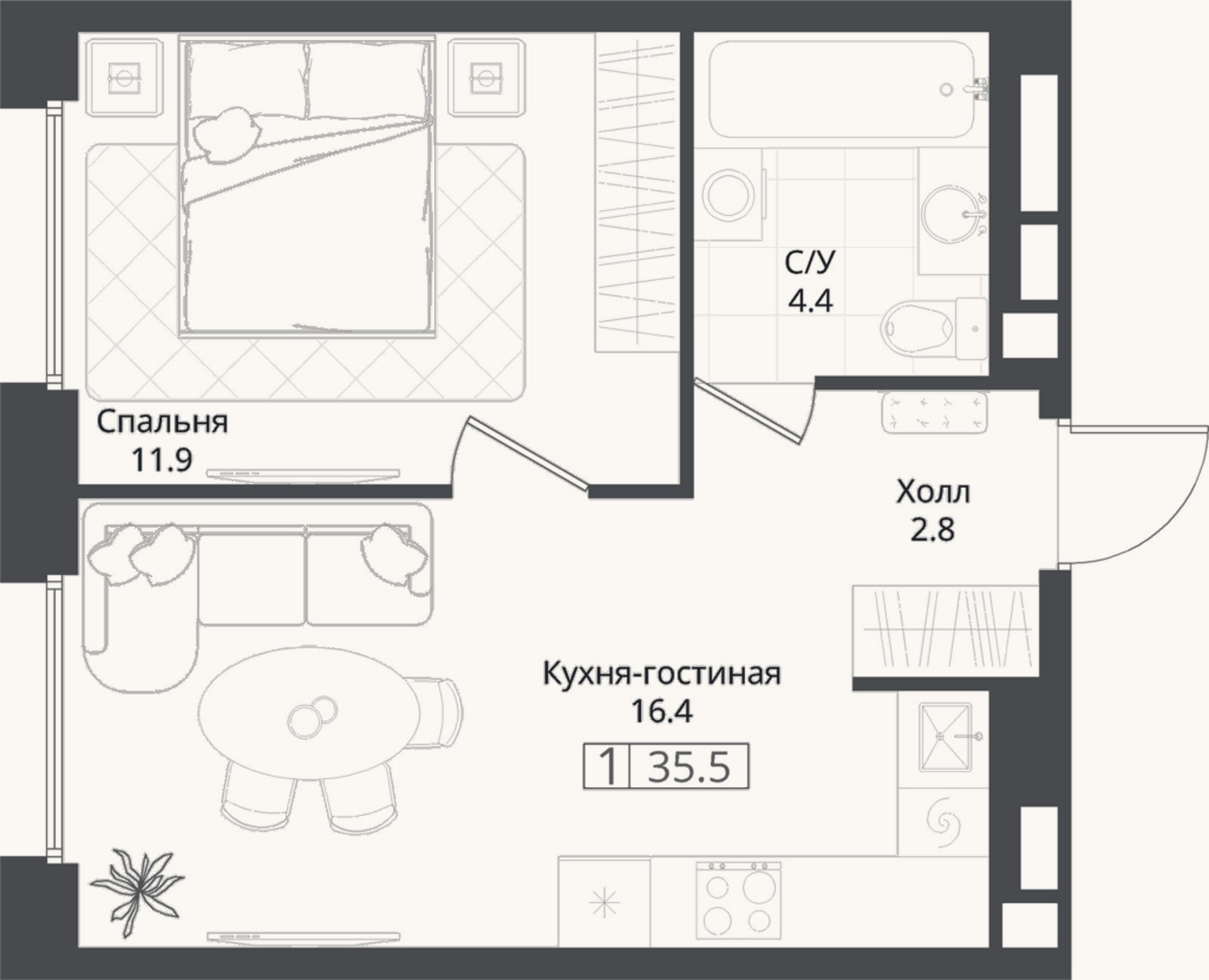 Планировка: 1-к, 35,5 м²