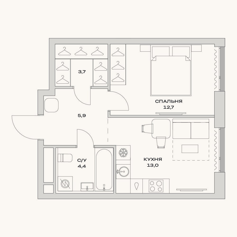 Планировка: 1-к, 39,7 м²
