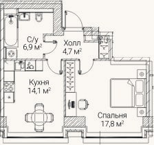 Планировка: 1-к, 43,6 м²