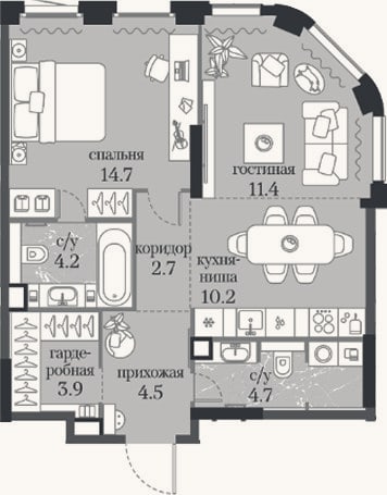 Планировка: 1-к, 56,3 м²