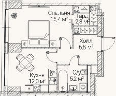 Планировка: 1-к, 42,3 м²