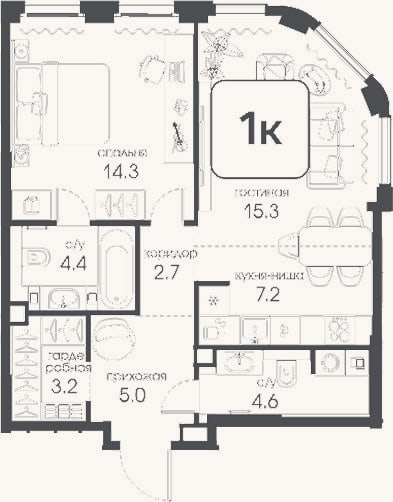Планировка: 1-к, 56,7 м²