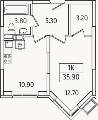 Планировка: 1-к, 35,9 м²