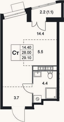 Планировка: Студия, 28 м²
