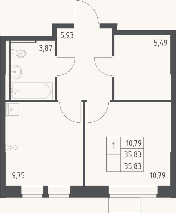 Планировка: 1-к, 35,8 м²