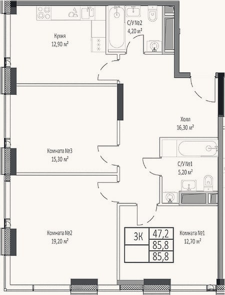 Планировка: 3-к, 85,8 м²