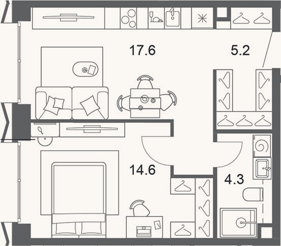 Планировка: 2-к, 42,5 м²