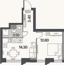 Планировка: 2-к, 33,8 м²