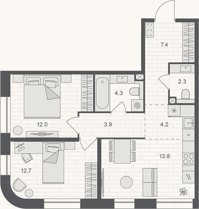 Планировка: 3-к, 60,6 м²
