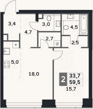 Планировка: 2-к, 59,5 м²