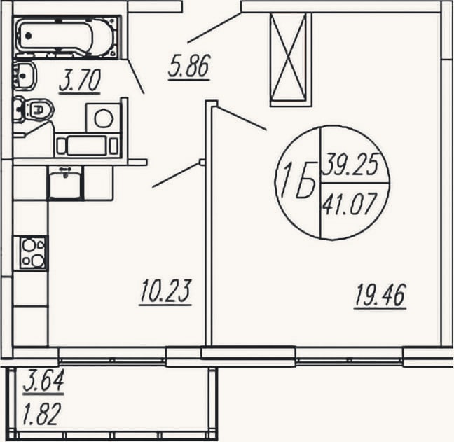 Планировка: 1-к, 39,3 м²