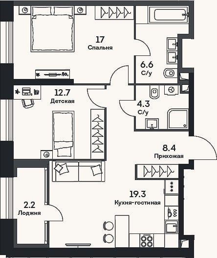 Планировка: 3-к, 68,3 м²