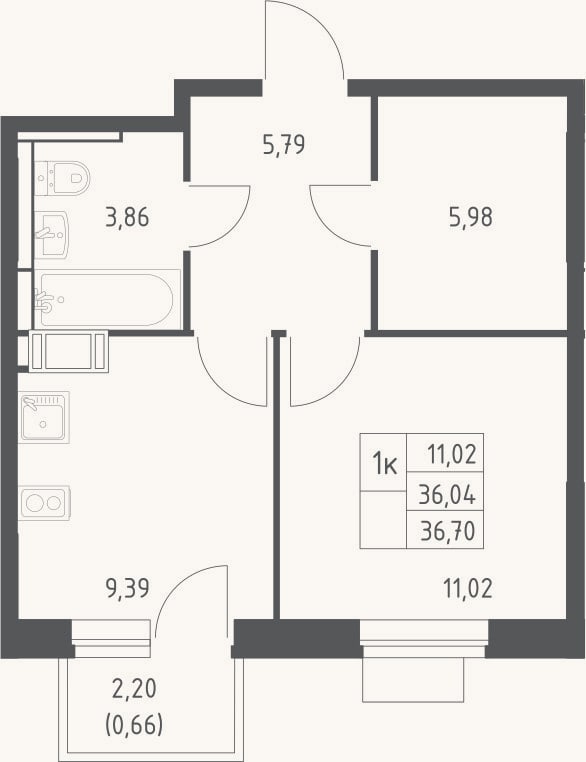 Планировка: 1-к, 36 м²