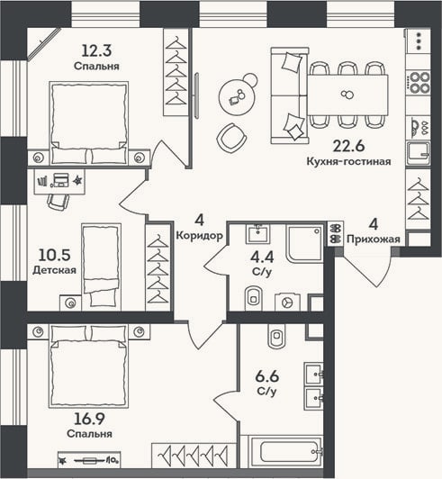 Планировка: 4+ к, 81,3 м²