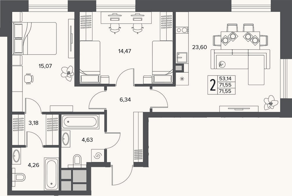 Планировка: 3-к, 71,6 м²