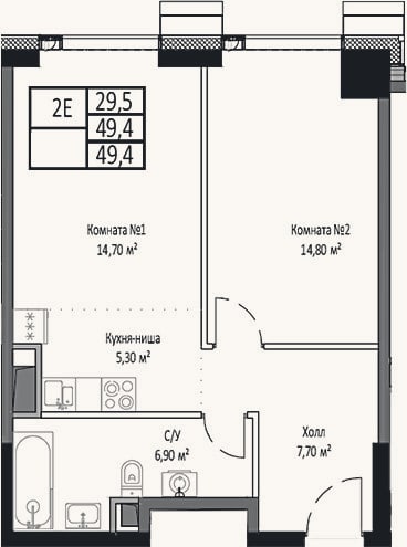 Планировка: 2-к, 49,4 м²