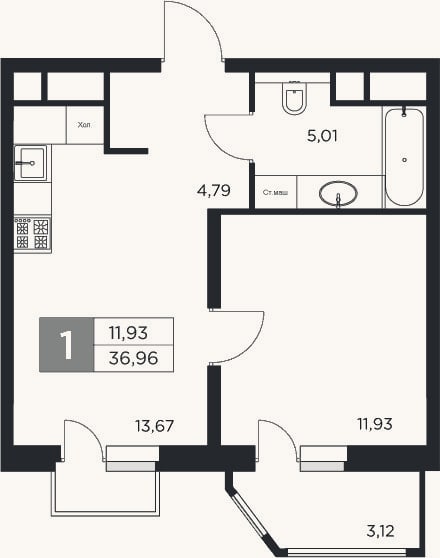 Планировка: 1-к, 35,4 м²