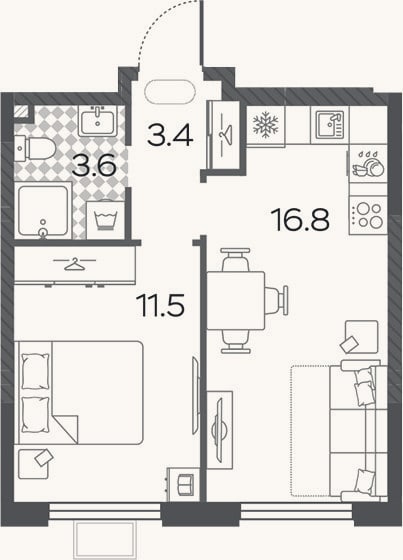Планировка: 2-к, 35,3 м²
