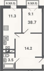 Планировка: 1-к, 38,1 м²