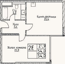 Планировка: 2-к, 54 м²