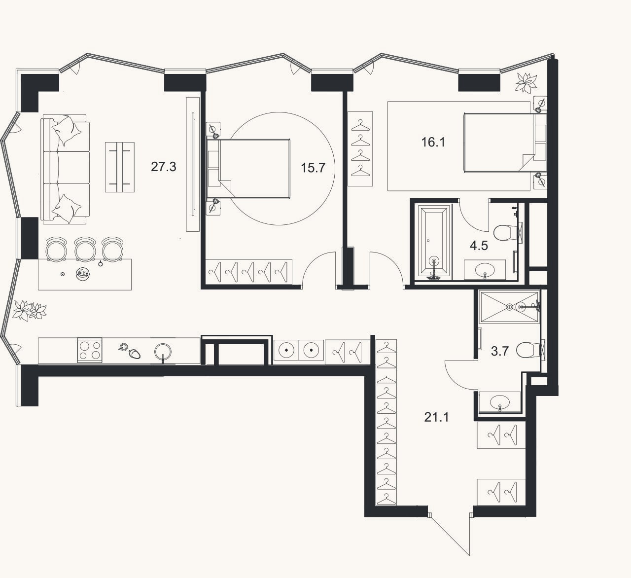 Планировка: 3-к, 88,4 м²