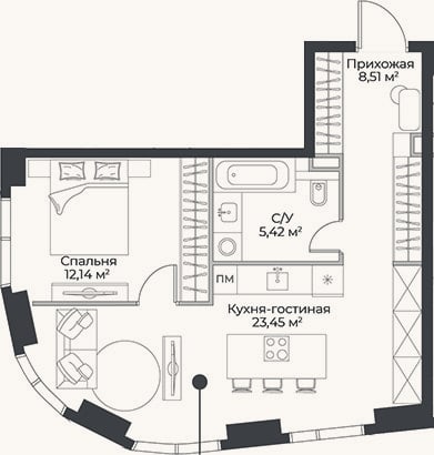 Планировка: 2-к, 49,5 м²