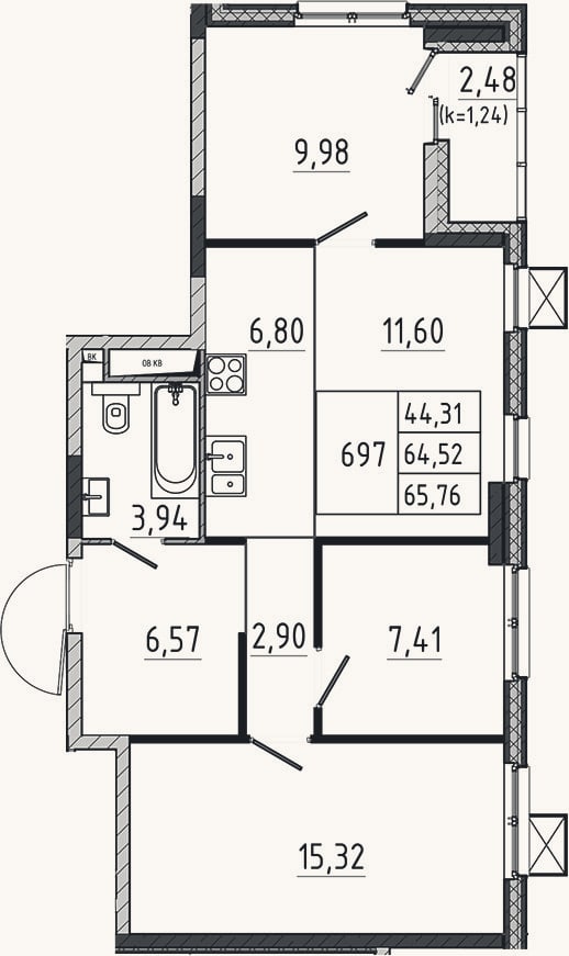 Планировка: 4+ к, 64,5 м²