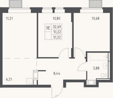 Планировка: 3-к, 51,2 м²