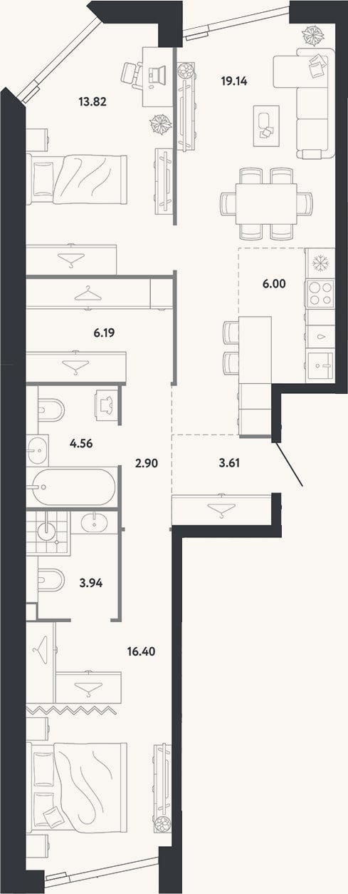 Планировка: 2-к, 76,6 м²