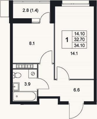 Планировка: 1-к, 32,7 м²