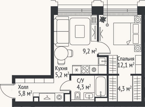 Планировка: 2-к, 40,9 м²