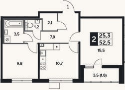 Планировка: 2-к, 51,8 м²