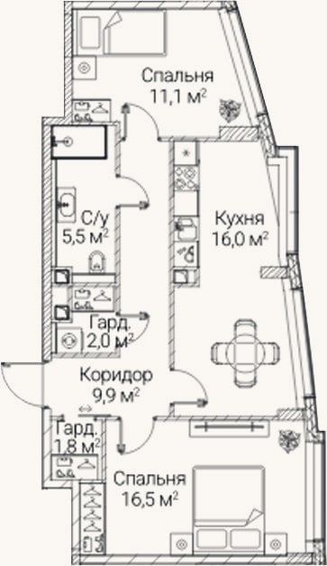 Планировка: 2-к, 62,8 м²