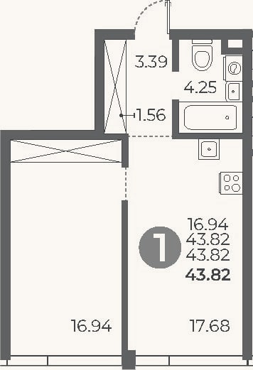 Планировка: 1-к, 43,8 м²