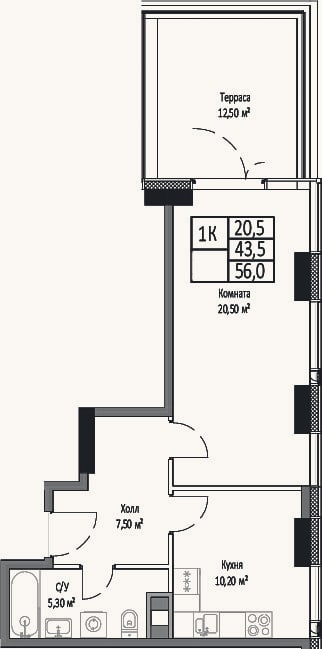 Планировка: 1-к, 43,5 м²