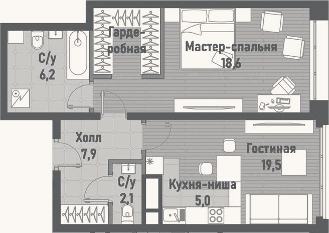 Планировка: 2-к, 59,3 м²