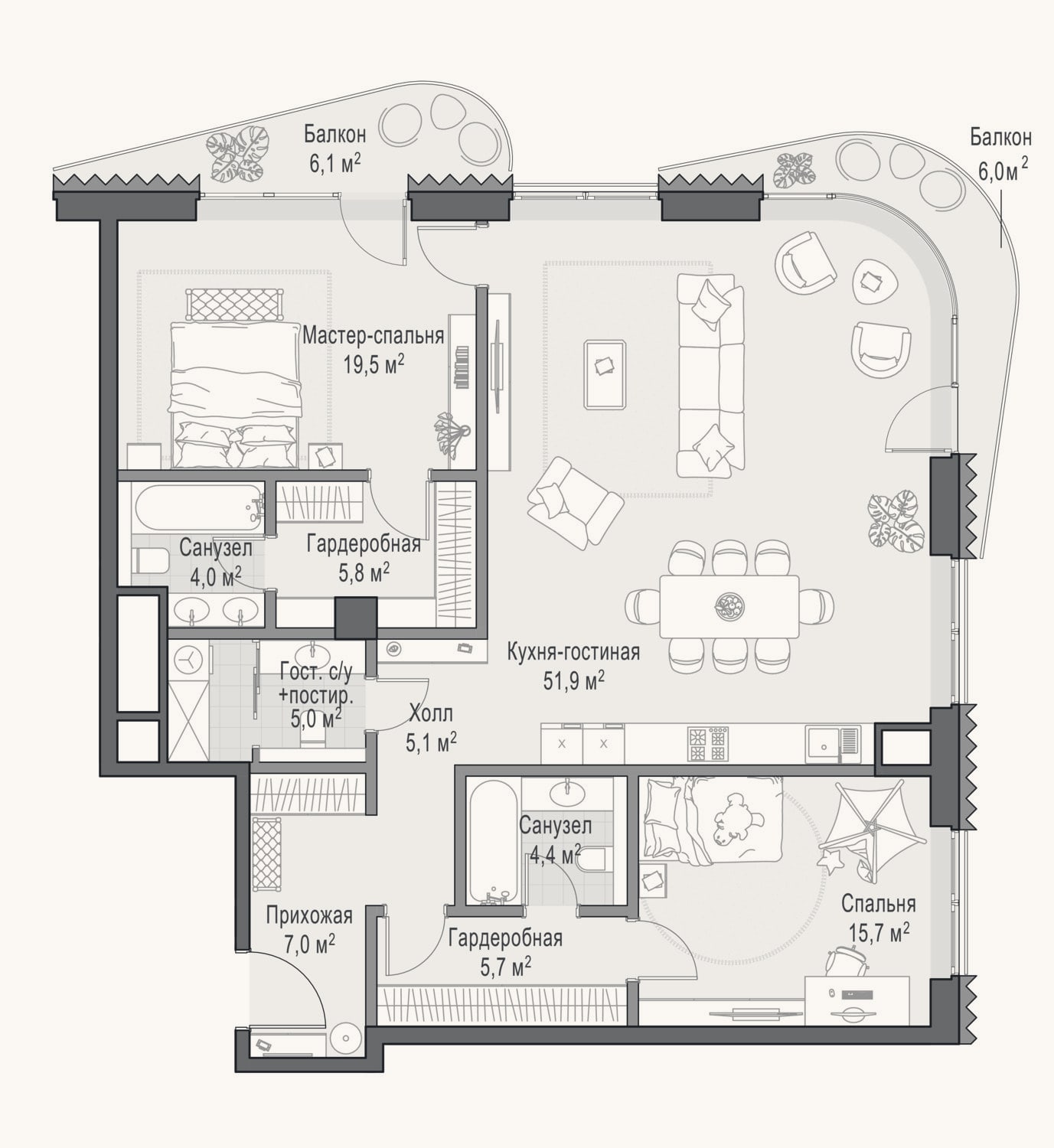 Планировка: 2-к, 124,4 м²