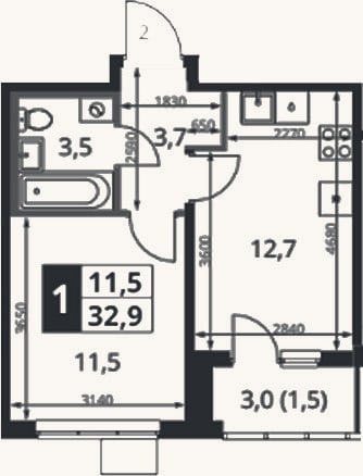 Планировка: 1-к, 31,8 м²