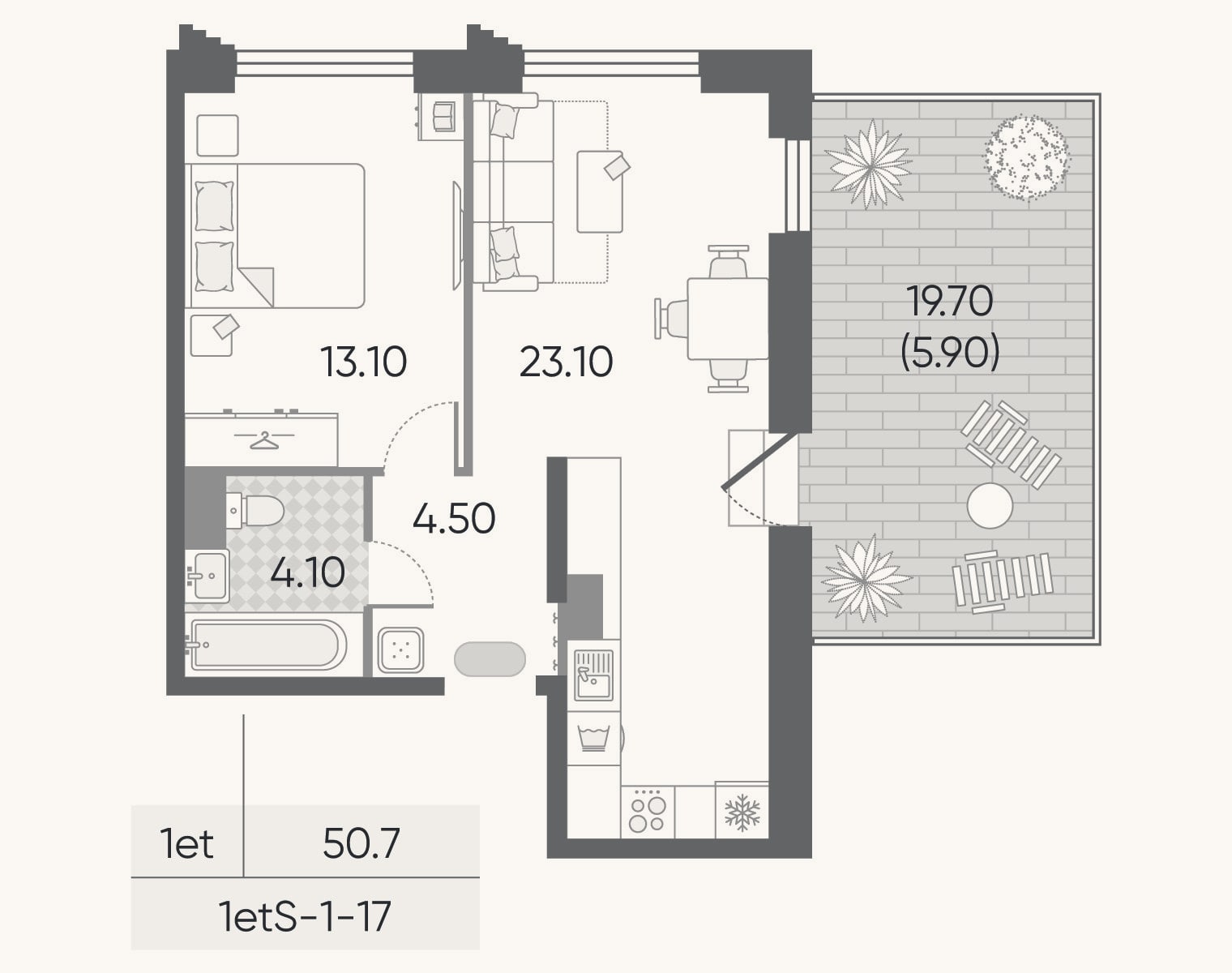 Планировка: 2-к, 44,8 м²