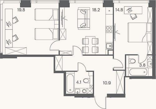 Планировка: 3-к, 71,6 м²