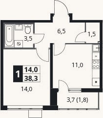 Планировка: 1-к, 36,5 м²