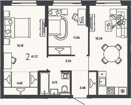 Планировка: 2-к, 61,1 м²