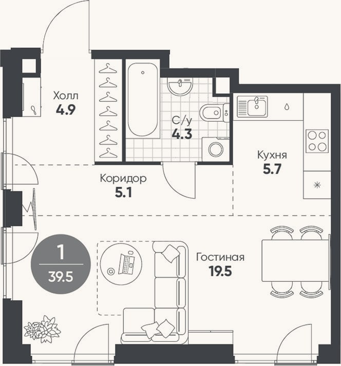Планировка: Студия, 39,5 м²